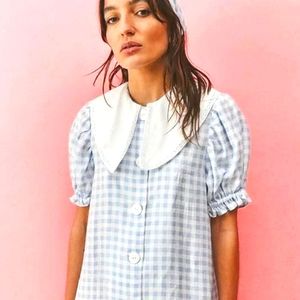 SLEEPER MARIE Blue Checks Collar VICHY Linen  Babydoll Preppy DRESS Scarf XS NWT